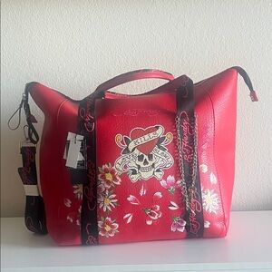 Ed Hardy Weekender Tote with Skull and Floral Design